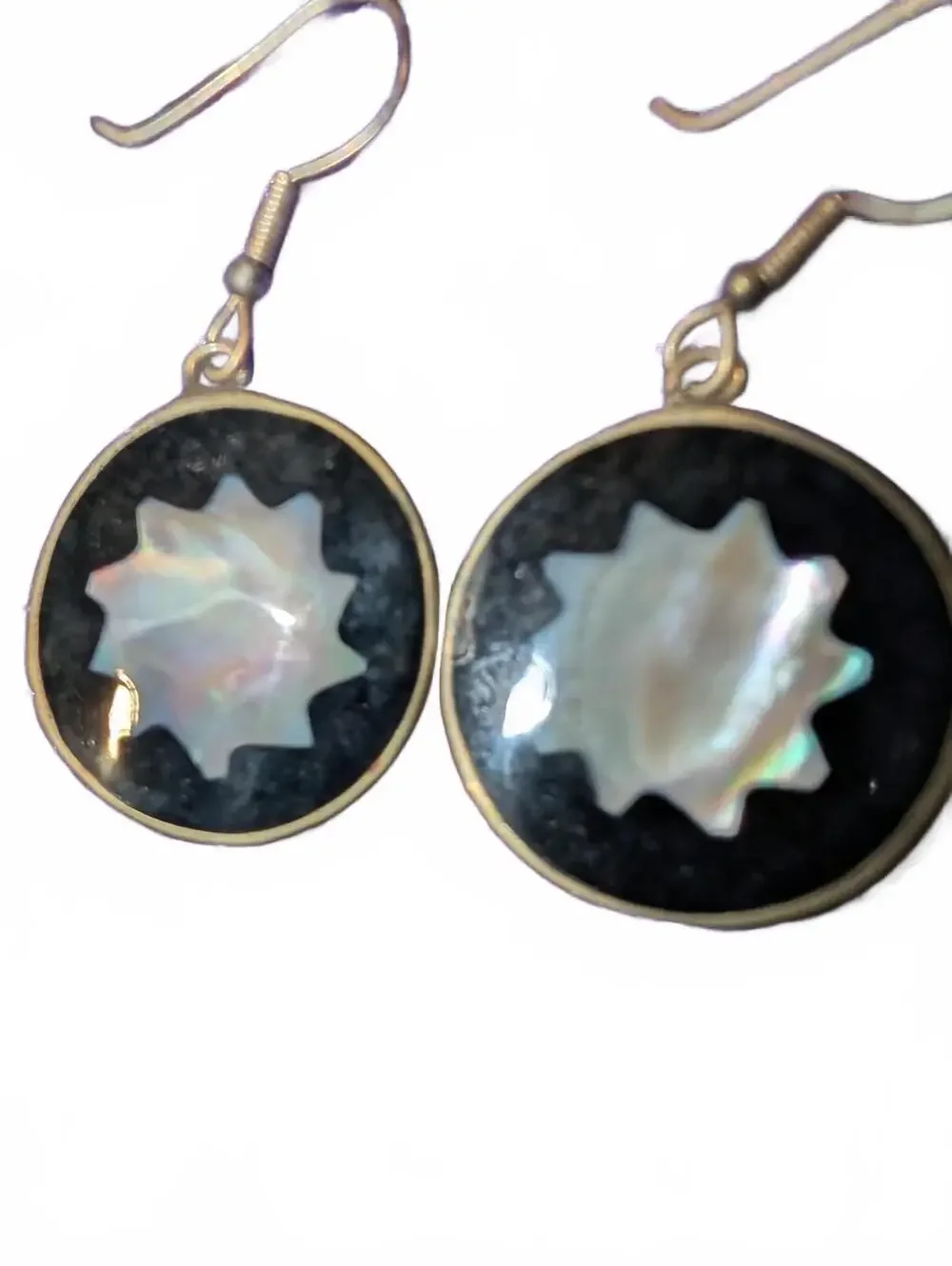 Round Alpaca Mexico Black and White Mother of Pearl Dangle Earrings